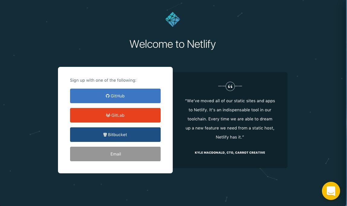app.netlify.com 首页截图, 包含流行的git解决方案服务的链接